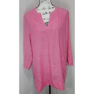 Lands' End Womens Linen Split Neck 3/4  Sleeve Pink Tunic Size Med NWT Pockets